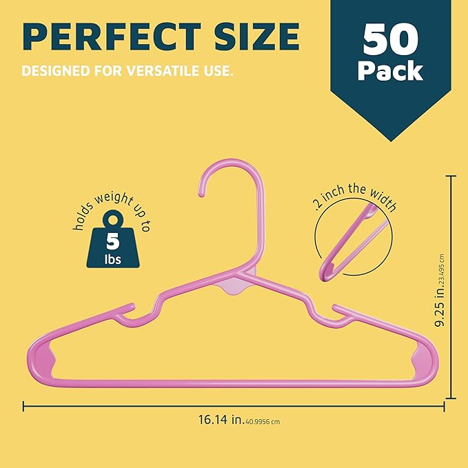 Lifemaster Plastic Kids Clothes Hangers – Children Clothes Hanger with Shoulder Notch, 11.6 Inch Space-Saving Closet Organizer for Baby, Toddler, and Kids Clothing, Hold Up to 5 lbs, Pack of 50, Pink