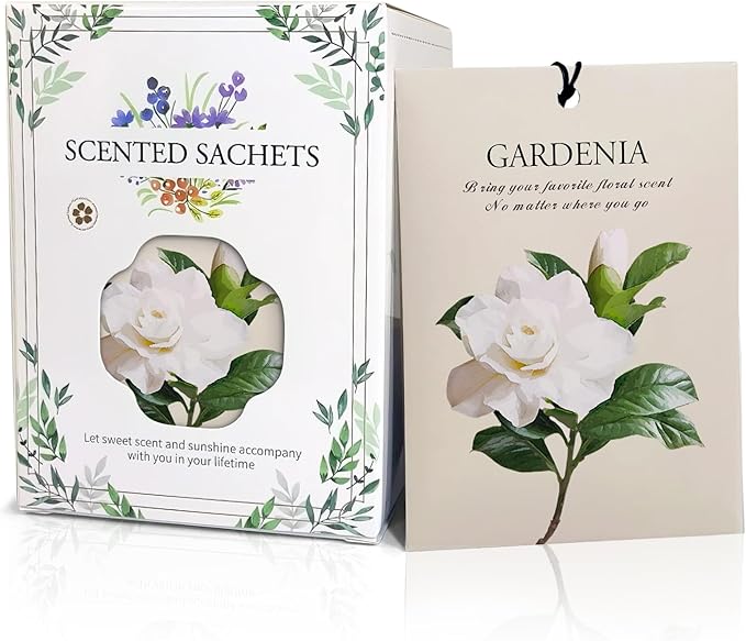 Gardenia Scented Sachet Bags - 12 Pack Closet & Drawer Freshener, Long Lasting Odor Eliminator for Wardrobes, Cars & Storage, Home Fragrance Air Freshener Sachets