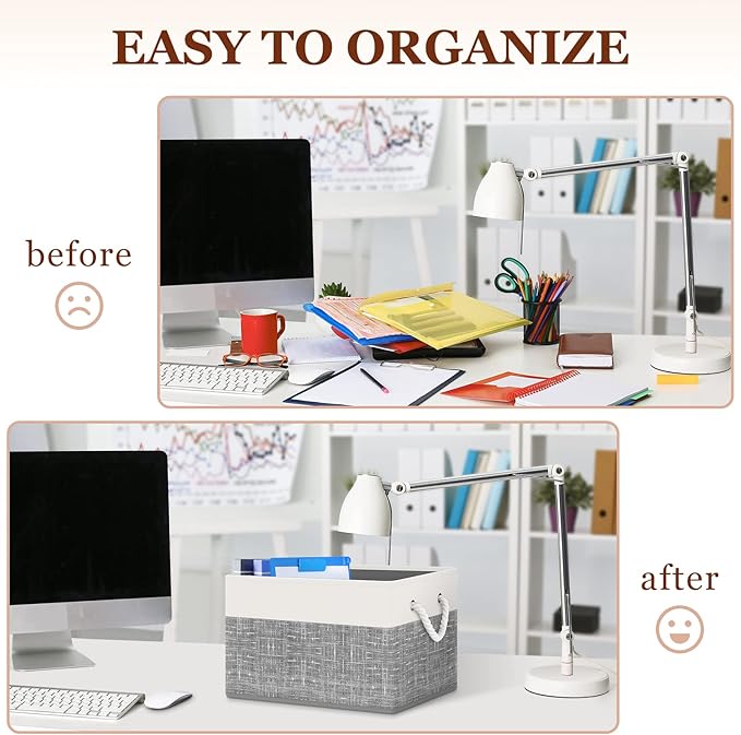Storage Bin,Collapsible Storage Basket For Organizing,Large Storage Boxes With Rope Handles,Storage Containers,White & Grey,6 Pack