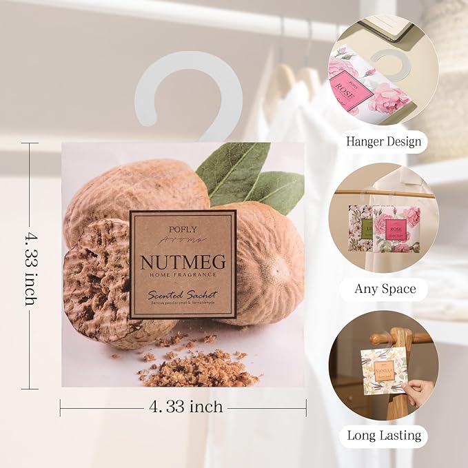 12 Pack Large Nutmeg Scented Sachets – Hanging Closet & Drawer Deodorizer & Air Freshener, Long-Lasting Aroma