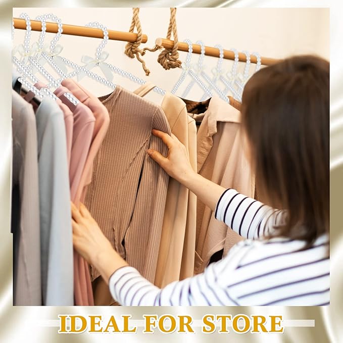 Threan 10 Pcs 16 Inch Pearl Clothes Beaded Clothing Hanger with Ribbon Bowknot Metal Elegant Clothes Standard Hanger for Women Bride Wedding Dress Coat Shirt