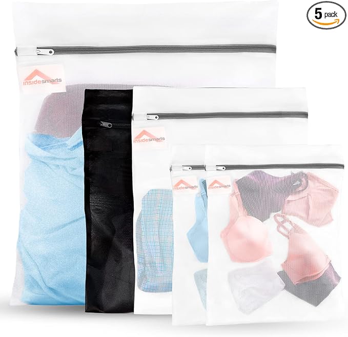 InsideSmarts Premium Mesh Laundry Bags Set of 5: Jumbo (1 White), Large (1 Black & 1), Medium (2) Elastic Gard & Rust-Proof Zipper Bags - Durable Laundry Wash Bags