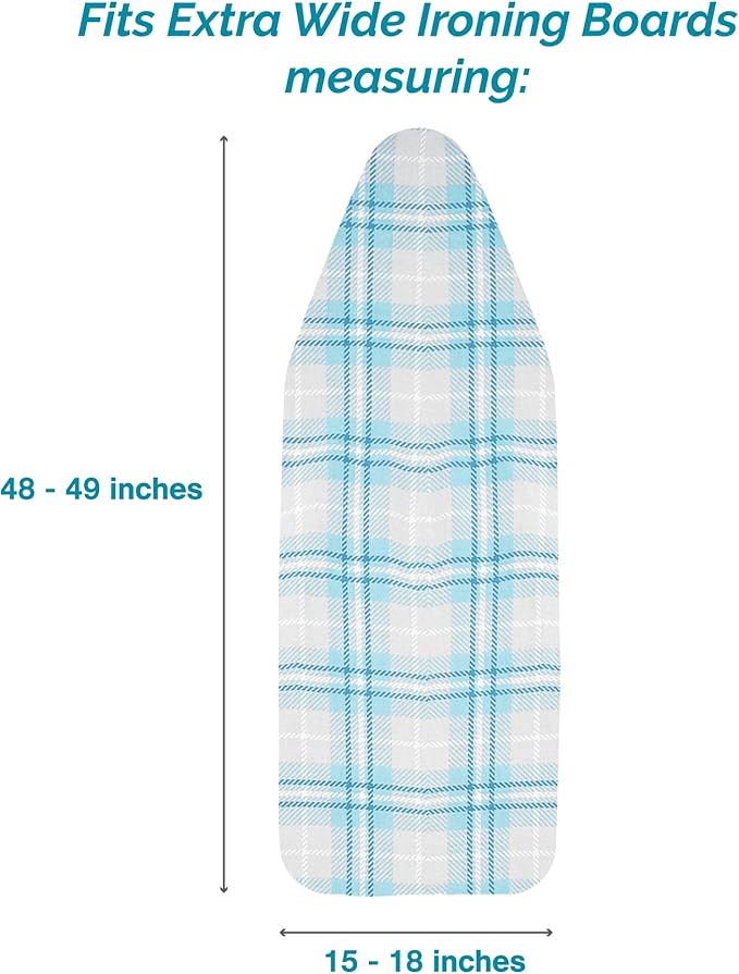 Polder Extra Wide Ironing Board Cover, Stain Resistant, Water Repellent, 48-49 x 15-18, 100% Cotton Cover with 12mm Pad and Bungee Cord Binding, Blue Plaid