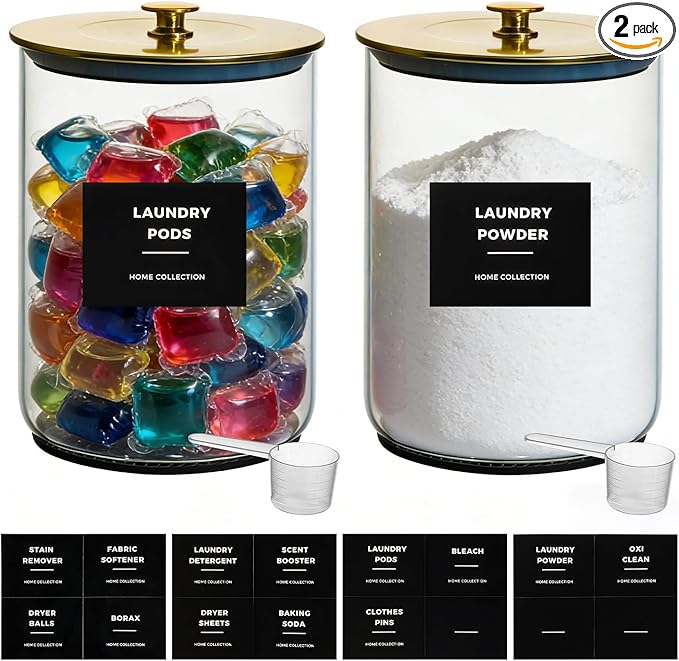 2 Pack 1 Gallon Glass Laundry Detergent Dispenser for Powder, 4L Large Laundry Pods Holder with Hygienic Plastic Lids & Metal Rim, Airtight Glass Canister Set with Scoops & Labels (Gold)