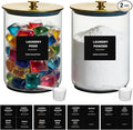 2 Pack 1 Gallon Glass Laundry Detergent Dispenser for Powder, 4L Large Laundry Pods Holder with Hygienic Plastic Lids & Metal Rim, Airtight Glass Canister Set with Scoops & Labels (Gold)