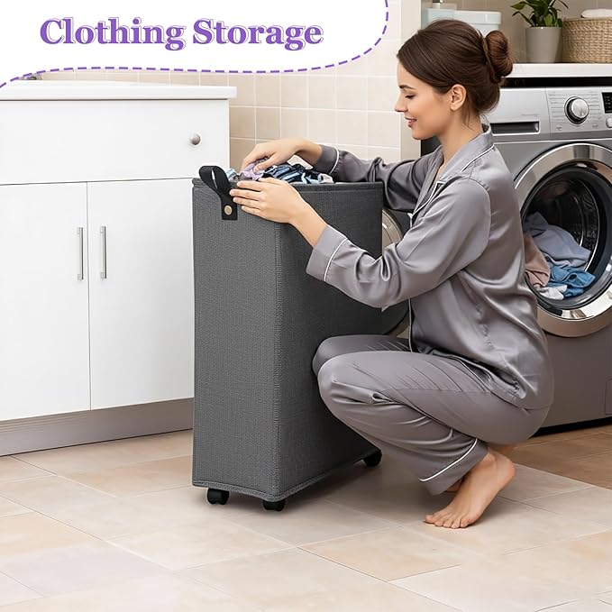 Slim Rolling Laundry Basket with Wheels, 42L Narrow Laundry Hamper with Mesh Drawstring Cover & Handles, Collapsible Dirty Clothes Bin for Small Spaces, Dorm, Apartment, Bathroom, Dark Grey