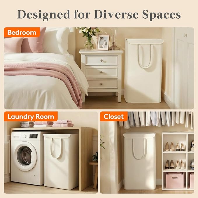 Lifewit 105L Laundry Hamper, Laundry Basket with Lid, Collapsible Clothes Storage with Easy Carry Handles, Thin Hampers for Bathroom Laundry Room Dorm, White