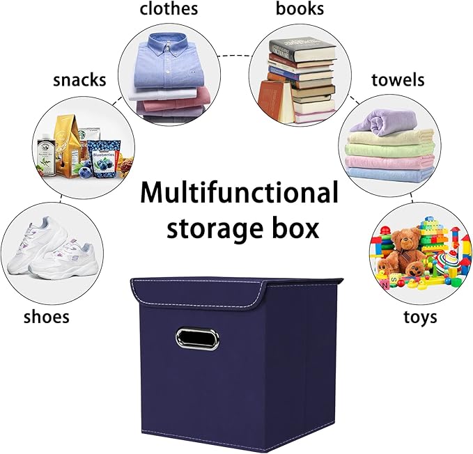 Closet Organizers Fabric Storage Bins With Lids Collapsible Cube Storage Organizer Basket With Handles,Storage Boxes for Clothes Storage,Office,Laundry,Shelves,6 Pack,（Navy Blue）