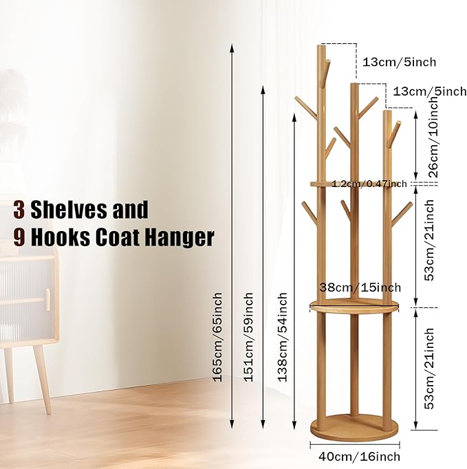 Simcat Wood Coat Rack with 3 Shelves and 9 Hooks Coat Tree Hanger Freestanding Coat Rack for Bedroom, Hallway, Entrance, Office, for Hats, Coats, Scarves, Handbags (Fixed rack white)