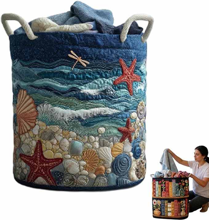 Quilted Laundry Basket, Quilted Laundry Basket with Handles, Boho Fabric Floral Storage, For Bedroom Laundry (#02, 20"L x 20"W x 28"H)