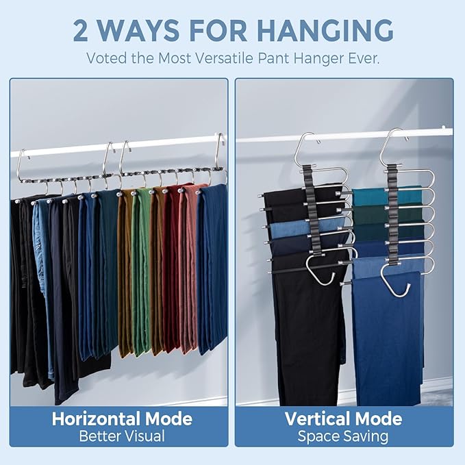 Magic Pants Hangers Space Saving - 2 Pack Multi Layers Pant Hangers with Clips - Non Slip Scarf Hanger Jean Organizer for Closet - Multi Functional Pants Rack (2 Pack with 6 Hanging Clips)
