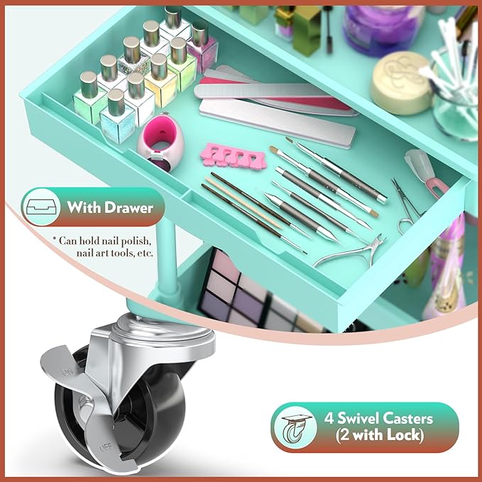 Makeup Cart Organizer with Drawers, Floor Skincare Organizers Vanity Storage Organizer, Rolling Makeup Bathroom Storage Cart Cosmetics Display Cases for Skin Care Perfume Nail Polish, Blue