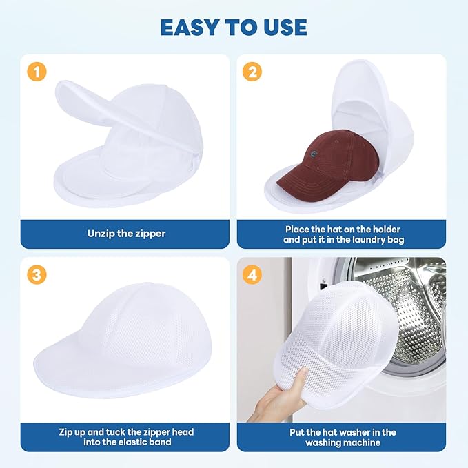 Upgraded Hat Washer Cage with Protective Mesh Bag, Durable Hats Cleaner for Caps, Hat Cleaner for Baseball Caps - Reusable, Fixed Holder, Prevents Deformation, Fits Most Hats, White 2 Pack
