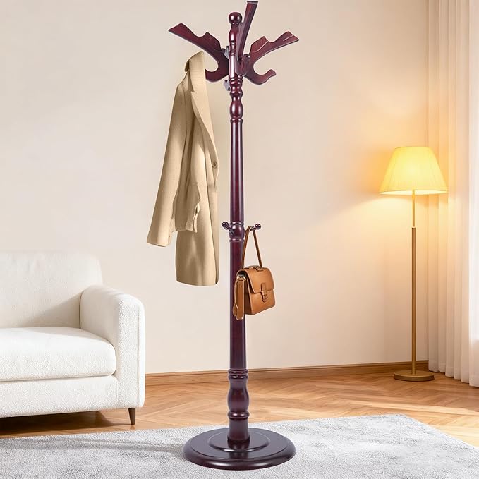 73" Wooden Coat Rack Freestanding, Coat Rack Stand With 18 Hooks And Round Solid Wood Base，Adjustable Height, Easy To Assemble For Entrance Hallway Office Living Room Bedroom (Flying Swallow)