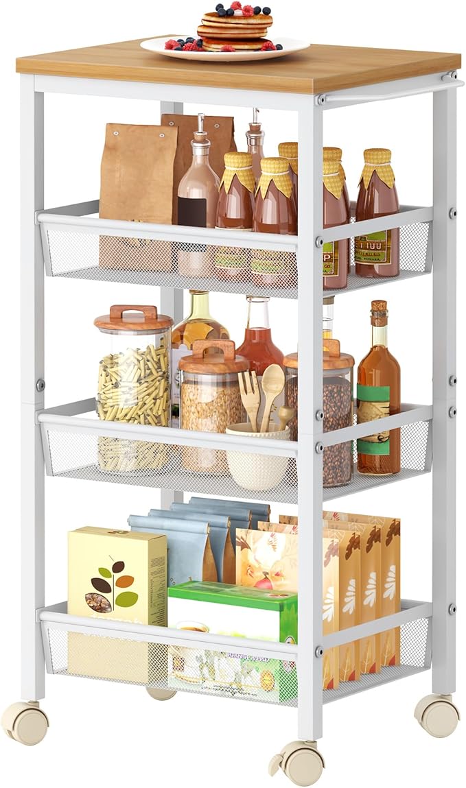 Hoctieon Rolling Storage Cart, 4-Tier 11.8" Wide Rolling Kitchen Storage Cart, Utility Cart with Handle & Wheels, Mobile Shelving Unit, Metal Frame Narrow Cart for Home Kitchen, Laundry, Oak Beige