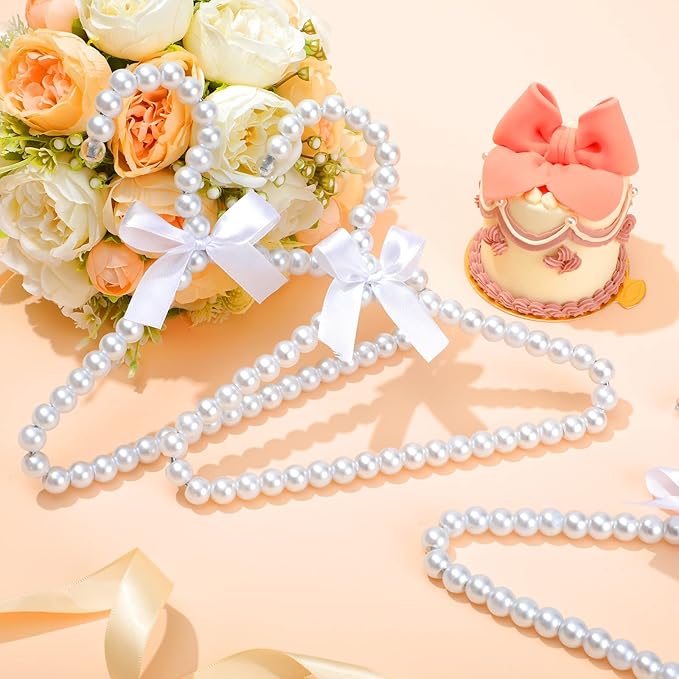 Wesiti 25 Pcs Small Pearl Hanger Mini Pearl Metal Elegant Clothes Hangers with Ribbon for Women Dog Cat (White)