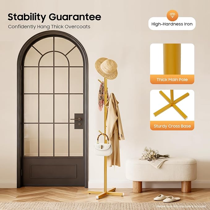 Freestanding Iron Coat Rack with 7 Hooks, Tree-Shaped Clothes Tree Stand for Entryway & Hallway, 68.11in Heights, Durable Metal Coat Rack with Easy Assembly (Gold)