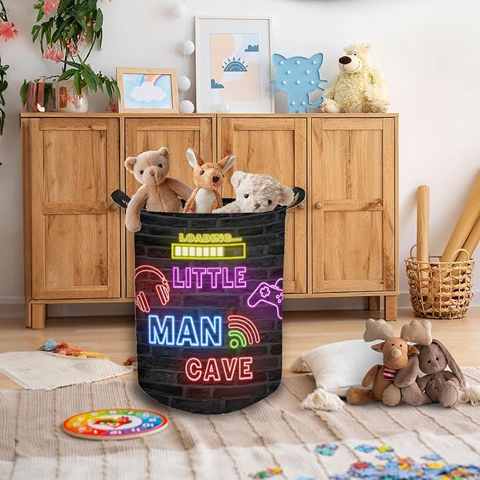 Little Man Cave Gamer Boy Laundry Basket, Gaming Decor for Boys Bedroom, Neon Gaming Laundry Basket Hamper Waterproof Collapsible Clothes Toybox Storage Bin Organizer for Kids Boys Room Nursery