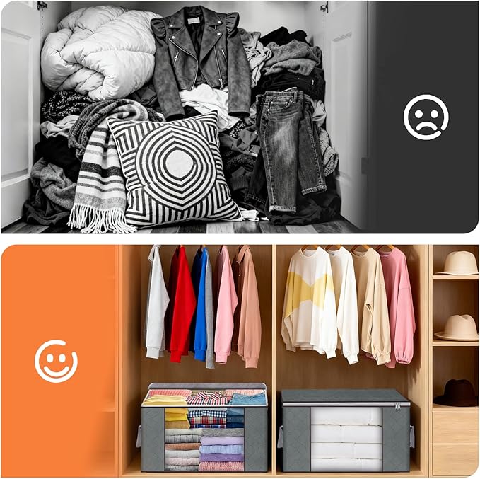 60L Extra Large Clothes Storage Bags, 6 Pack Blanket & Clothing Storage Bins, Foldable Closet Organizers with Clear Window and Reinforced Handles for Clothing, Blankets, Bed Sheets and Pillows