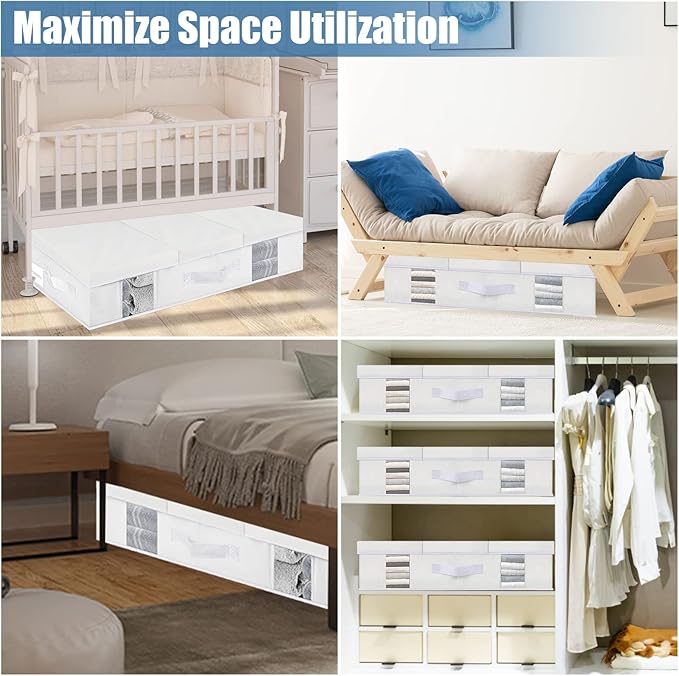 Underbed Storage Containers 3 Pack, Large Under Bed Storage Bins with Lids, Foldable Under the Bed Storage Drawer for Organizing Clothes, Shoes, Blankets, Pillows-PEVA Waterproof Material