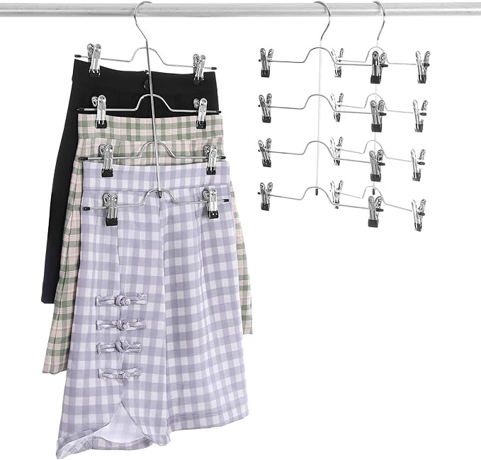 4 Tier Skirt Hangers with Adjustable Clips Space Saving Closet Organizer for Skirts, Slacks, Jeans, Towels (3 Pieces)