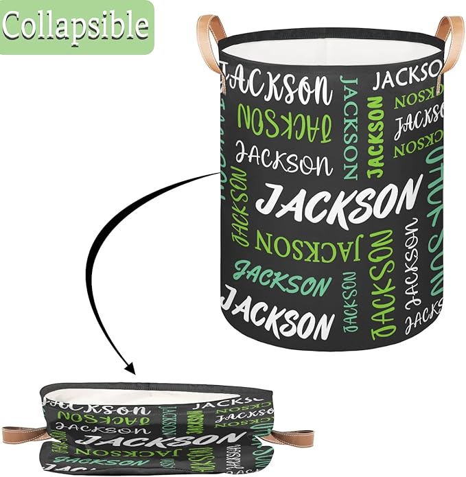 Custom Name Large Laundry-Basket for Kids-Boys-Girls, Personalized Foldable Waterproof Laundry Hamper Dirty Clothes Toys Storage Bin with Handles,Grey Green