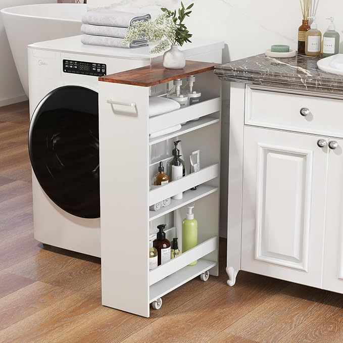 Slim Storage Rolling Cart, 4-Tier Side Out Shelving Unit with Handle, Mobile Organizer Utility Cart on Wheels for Laundry, Bathroom, Office, Kitchen, Narrow Places (White & Brown, Extra Width)