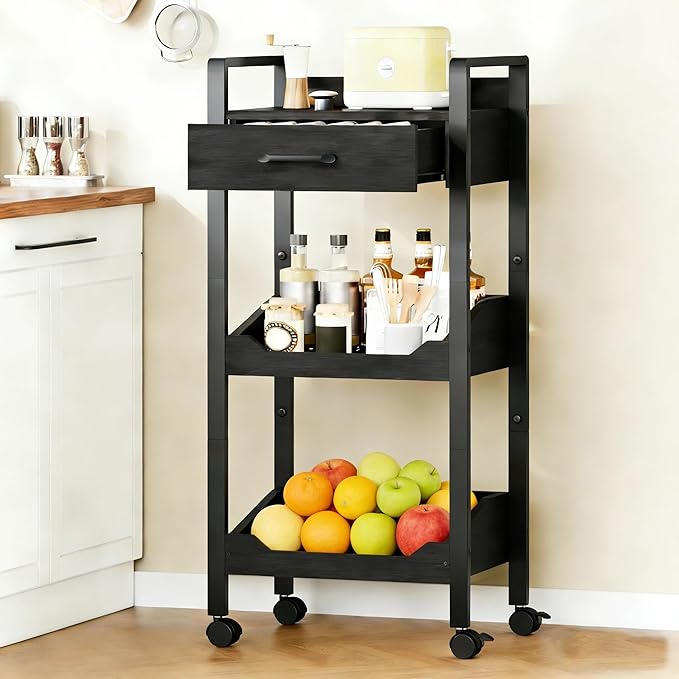 Hoctieon 3-Tier Rolling Storage Cart with Drawer, Rolling Utility Cart Organizer, Mobile Shelving Unit with Wheels, Metal Frame, Kitchen Utility Cart for Small Space, Office, Bathroom, Black