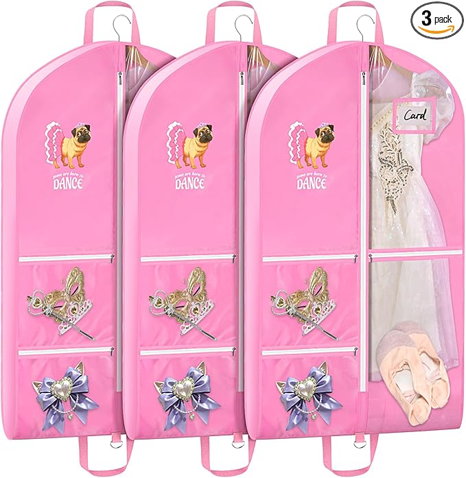 Univivi Dance Garment Bags for Dancers, 3" Gusseted Garment Bags for Dance Costumes with 5 Pockets, 40" Dance Garment Bag with Puppy Pattern for Dance Competitions and Travel, 3-Pack (Pink)