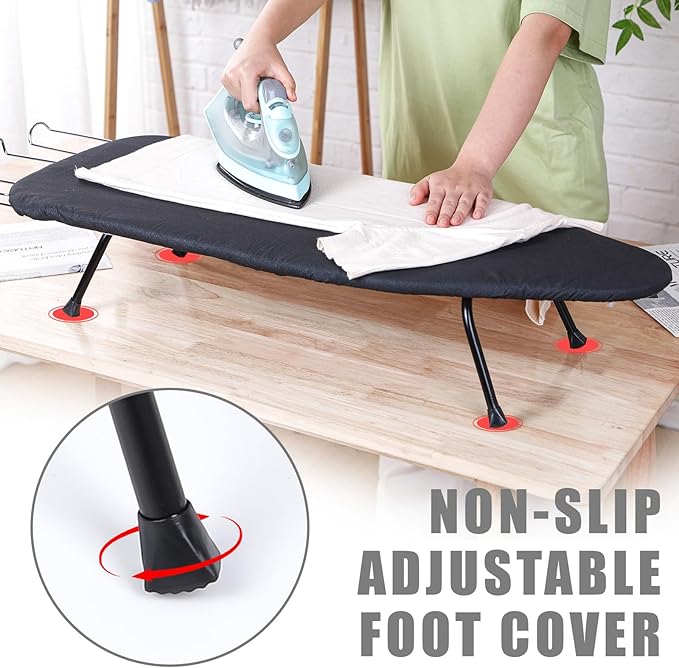 Tioncy Metal Foldable Tabletop Ironing Board with Iron Rest, Metal Portable Ironing Board Small with Heat Resistant Cotton Cover and Mini Non Slip Feet for Home Laundry Rooms Dorms Travel(Black)