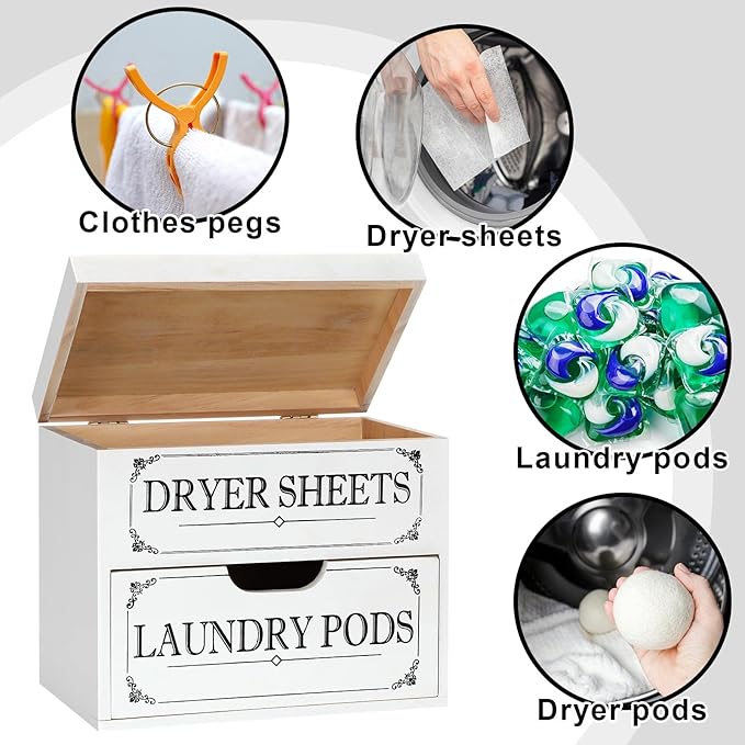 Tatuo Dryer Sheet Holder with Hinged Lid Farmhouse Dryer Sheet Dispenser Rustic Container Box Laundry Room Decor for Laundry Room Organization Fabric Pods, White