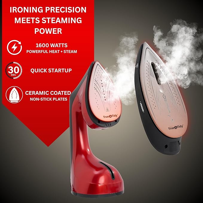 True & Tidy 2-in-1 Iron and Handheld Steamer, 1600W Dual Heating System with Ceramic-Coated Plate, LCD Display, No-Drip Technology, 3 Fabric Modes, Portable Garment Steamer for Home & Travel