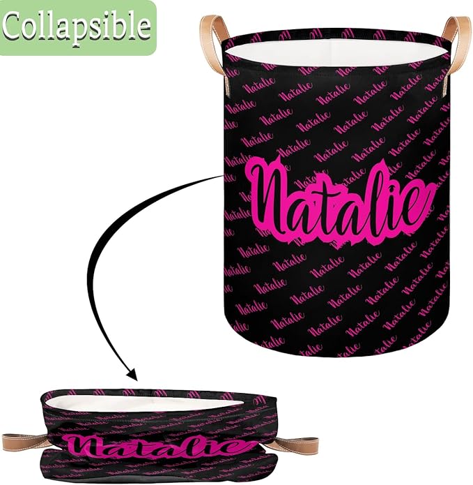 Personalized Laundry Basket, Custom Gift Laundry Hamper, Collapsible Nursery Waterproof Laundry Baskets, Dirty Clothes Toy Hamper with Handles Name Black Hot Pink