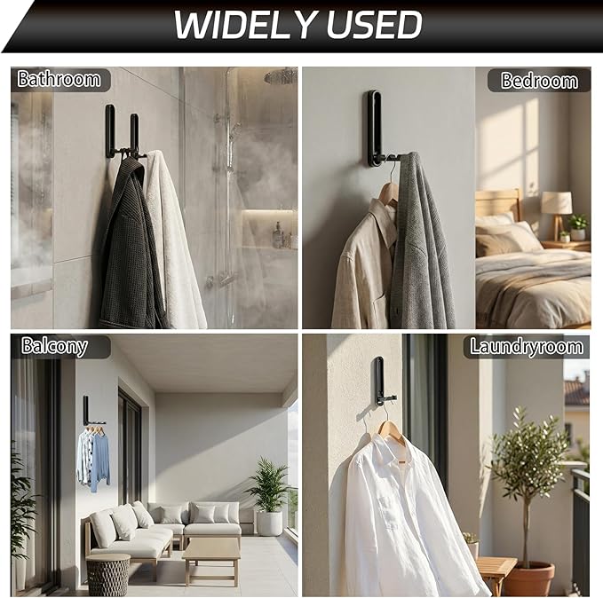 2 Pcs Folding Coat Hooks, 4.33 in Extended Foldable Black Wall Hooks Heavy Duty Valet RV Hooks Bathroom Towel Hooks Robe Hooks Wall Mounted for Hanging Towels Clothes Coat Hat Bags