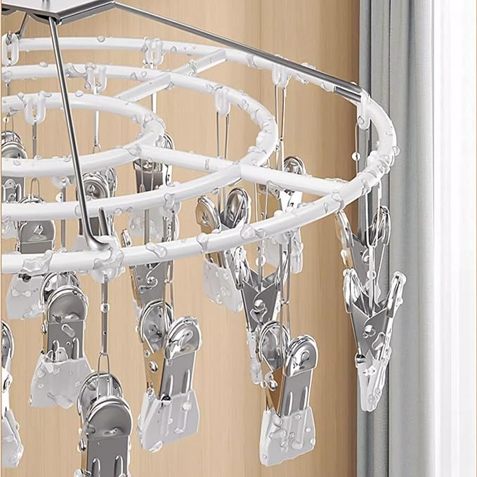 Drying Rack for Sock, Stainless Steel Sock Drying Rack with 24 Clips, Swivel Hook Windproof Hanger for Sock, Bras, Towel, Underwear, Laundry, Hat, Scarf, Pants, Gloves (White)