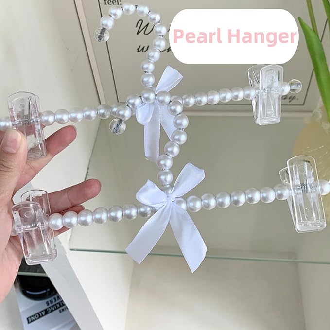 13 inch Pearl Hanger Pants Hangers with Clip,Cute Ribbon Bow Hanger Clip Hangers for Wedding Dress Bride Bridesmaid Lingerie (5, White)