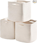 11 Inch Cube Storage Bins, 11x11 Cube Storage Bins for Cube Organizer, Square Cloth Storage Cubes, Woven Storage Baskets for Shelves, Toy Rope Baskets Storage Kids, Off White (Pack of 3)