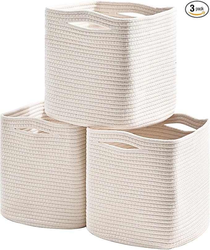 11 Inch Cube Storage Bins, 11x11 Cube Storage Bins for Cube Organizer, Square Cloth Storage Cubes, Woven Storage Baskets for Shelves, Toy Rope Baskets Storage Kids, Off White (Pack of 3)