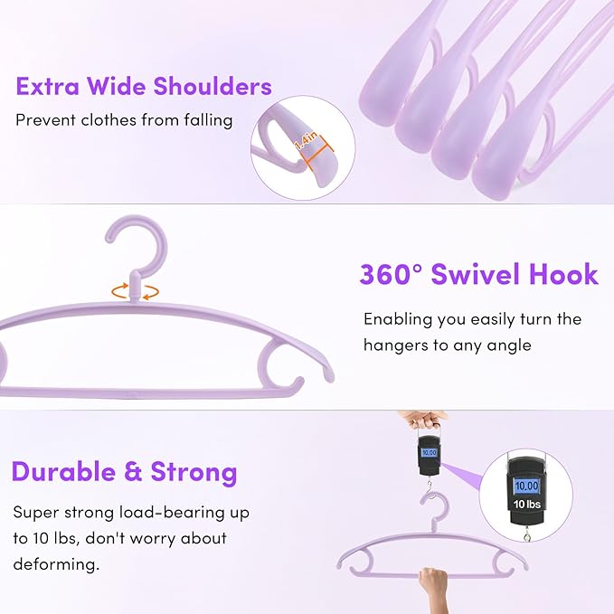 DEDU Plastic Clothes Hangers 20 Pack, Extra Thick Wide Shoulder Coat Hangers with 360° Swivel Hook Non Slip, Sweater Hangers Suit Hanger for Suits, Sweater, Dresses, Pants (Purple)