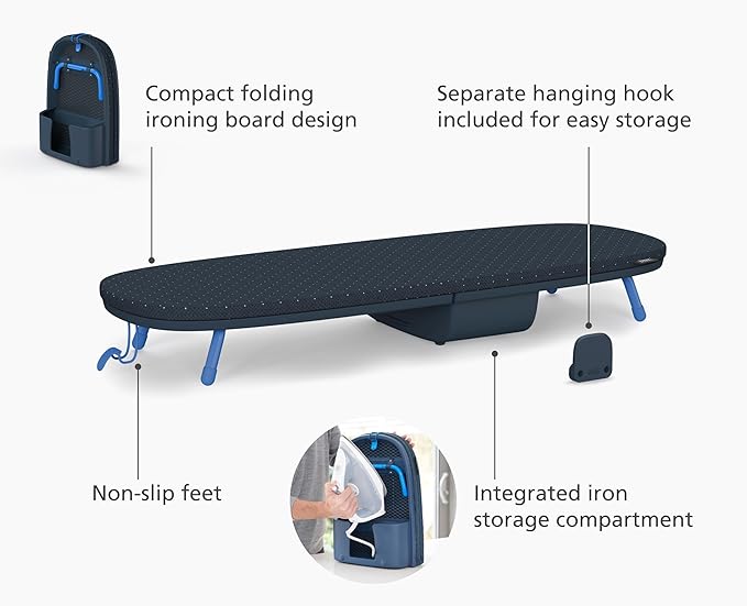 Joseph Joseph Pocket Plus Folding Space Saving Compact Tabletop Ironing Board with Iron Holder and Wall Mount, Blue/Black