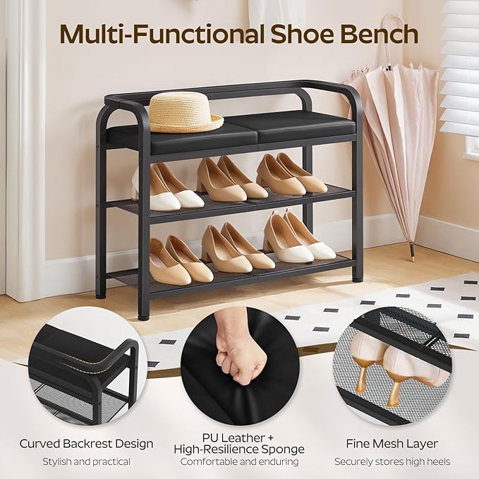 Shoe Bench with Backrest, Entryway Bench, 2-Tier Shoe Rack with PU Padded Seat, Upholstered Shoe Storage Bench with Back, for Hallway, Entryway, Foyer, Bedroom, Black HX04BB