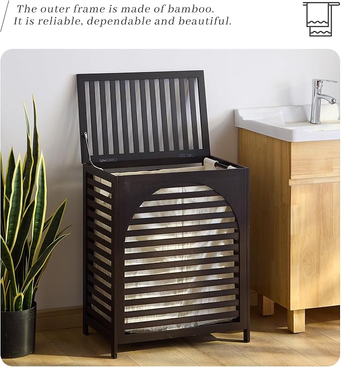 Laundry Hamper with Lid, Bamboo Clothes Laundry Basket with Handles, Removable 2-Section Liner bag, Hampers for Bedroom Aesthetic, Large Storage for Bath Towel, Sheets or Toys, Home (Brown)