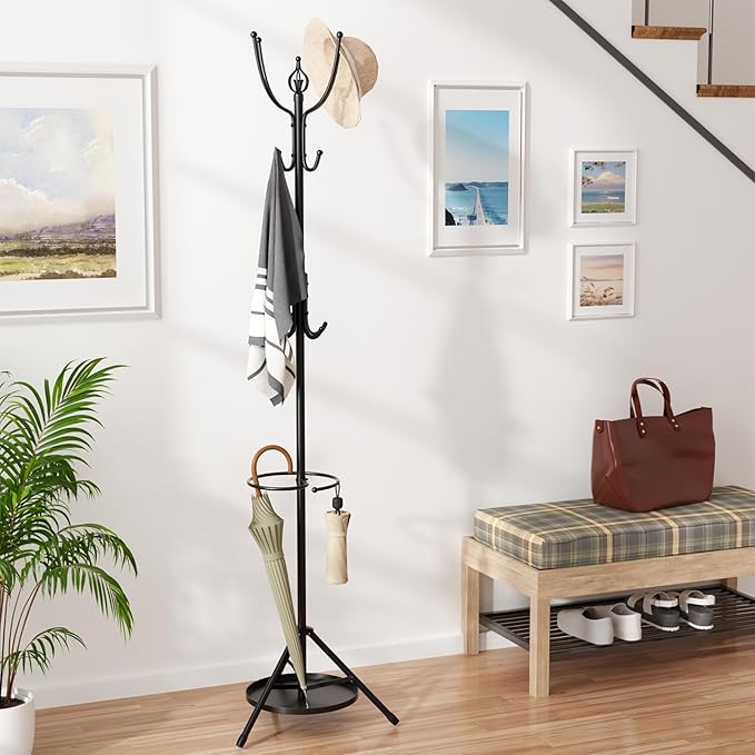 Coat Rack Freestanding - 67" H Black Metal Coat Rack Stand with Umbrella Holder with 12 Hooks for Bathroom Bedroom Entryway Living Room & Office for Hats, Coats, Scarves, Handbags