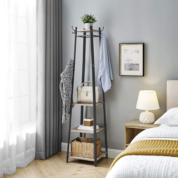 VASAGLE Coat Rack, Coat Stand with 3 Shelves, Hall Tree Free Standing with Hooks for Scarves, Bags, Umbrellas, Steel Frame, Industrial Style, for Entryway, Living Room, Greige and Black ULCR080B02