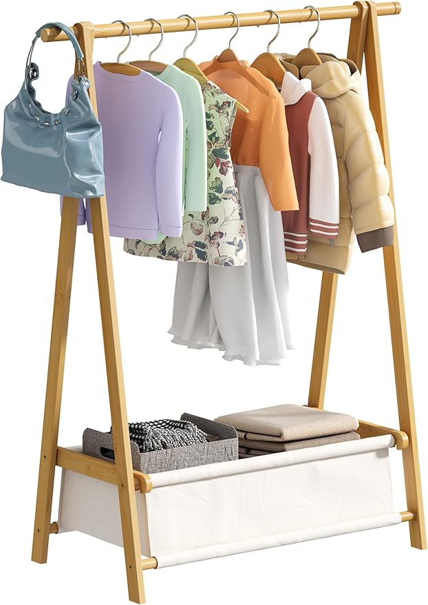 Dress Up Rack - Clothing Rack with Storage Box, Dress Up Storage, Small Foldable Bamboo Garment Stand with Hanging Rods, Dress Up Holder