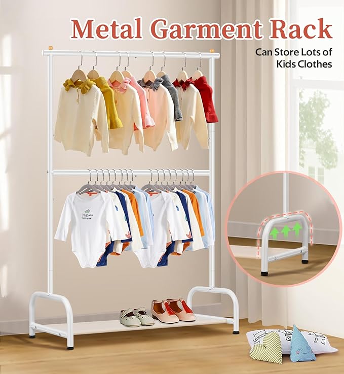 SLEEPING LAMB Double Rod Kids Clothes Rack, Small Toddler Clothing Rack with Bottom Storage Shelf for Baby Playroom Garment Rack, White