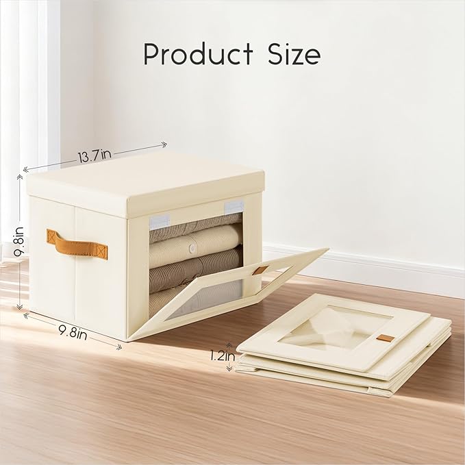Small Fabric Storage bins - Collapsible Storage Bins with Open Window, 2 Pack Closet Baskets for Shelves, Stackable Decorative Boxes for Home, Dorm, Beige, 13.7"x 9.8"x 9.8"