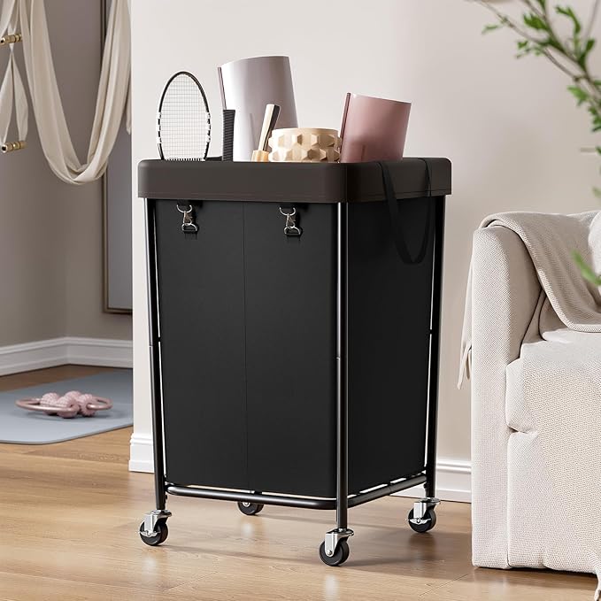 Chrislley 160L Laundry Hamper with Wheels, 2 Section Large Laundry Basket with Removable Bag, Steel Frame Dirty Clothes Hamper, Rolling Laundry Cart for Bedroom, Bathroom, Dorm, Hotel, Black