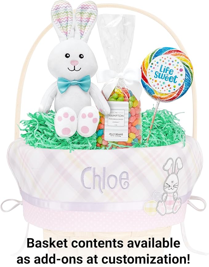 Let's Make Memories Personalized Easter Basket for Kids - For Boys - For Girls - Embroidered Name - Create Your Own - Fillable - Wicker - Easter Basket Stuffers - Medium - Pink Bunny Applique