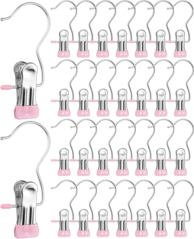 30 Pcs Boot Hangers Clips, Laundry Hooks with Clips, Portable Hanger Clips with Hooks, Heavy Duty Boot Hanging Clips, Hanging Pants, Jeans, Tall Boots, Hats, Pink